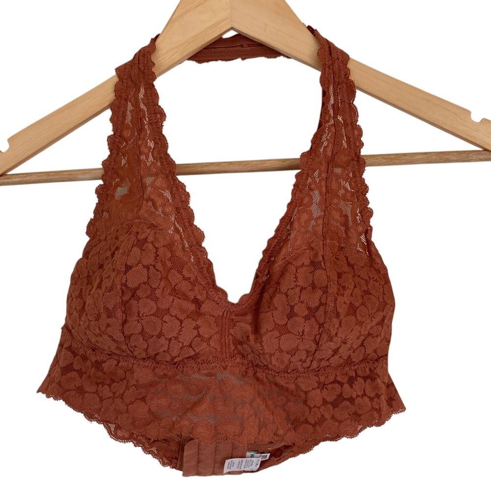 Aerie Womens‎ Halter Bralette M Salmon Lace Padded 3 Hook Girly Feminine
